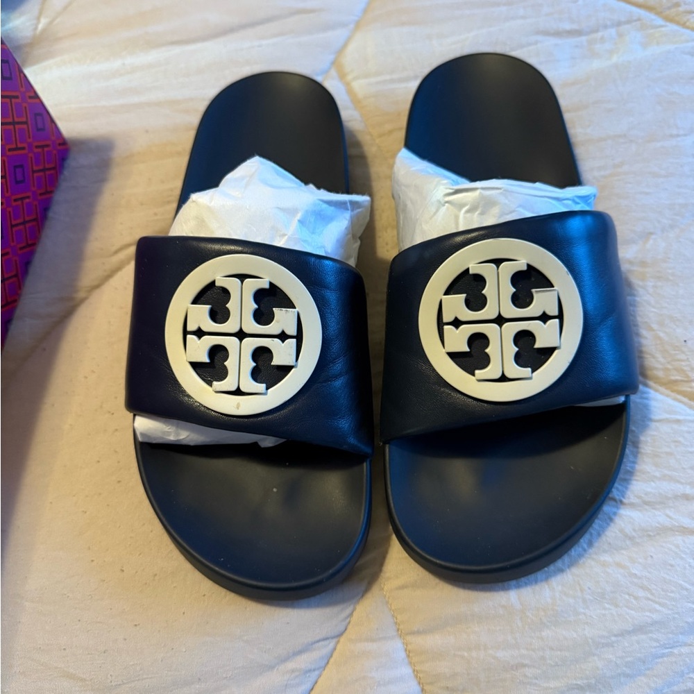 Tory Burch Navy Blue  and Cream Slide Sandals